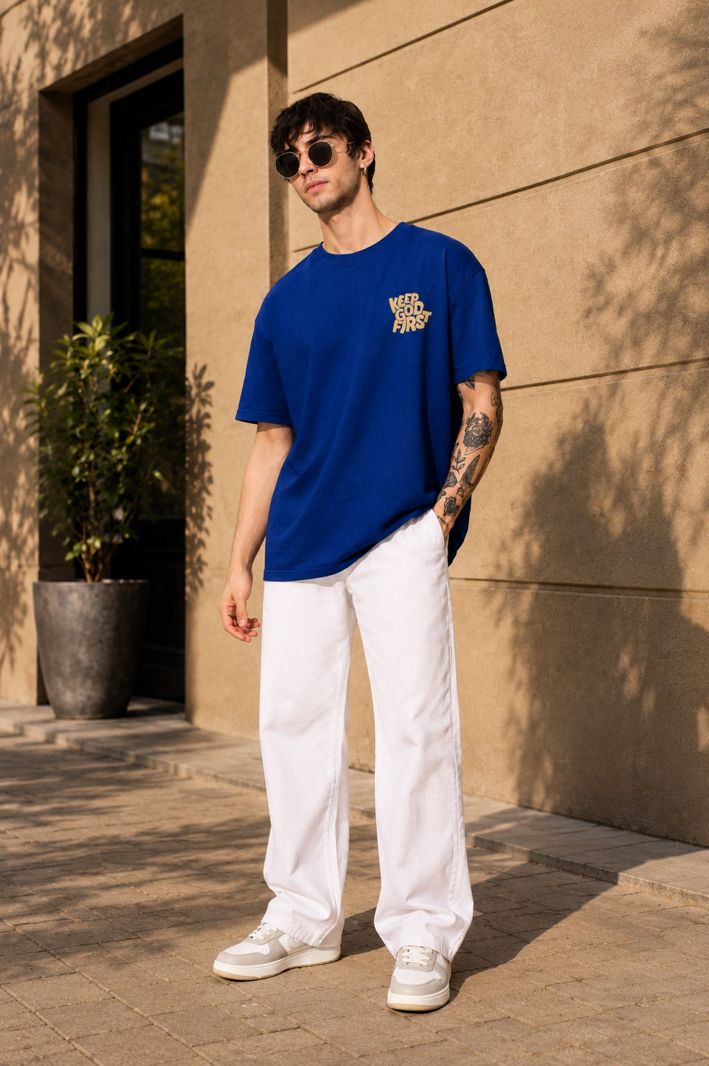 TeeVybe Men’s Royal Blue Graphic Printed Oversized T-Shirt | Keep Good First Motivational Print Casual Streetwear Tee