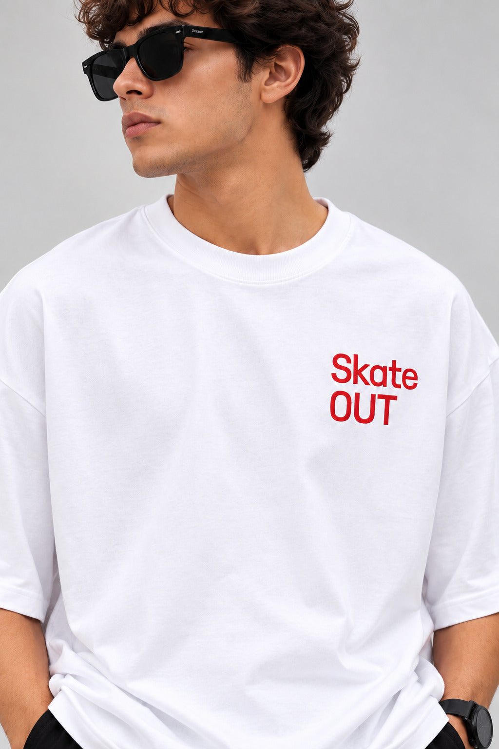 TeeVybe Men’s White Graphic Printed Oversized Round Neck T-Shirt | Skateboard Streetwear Back Print