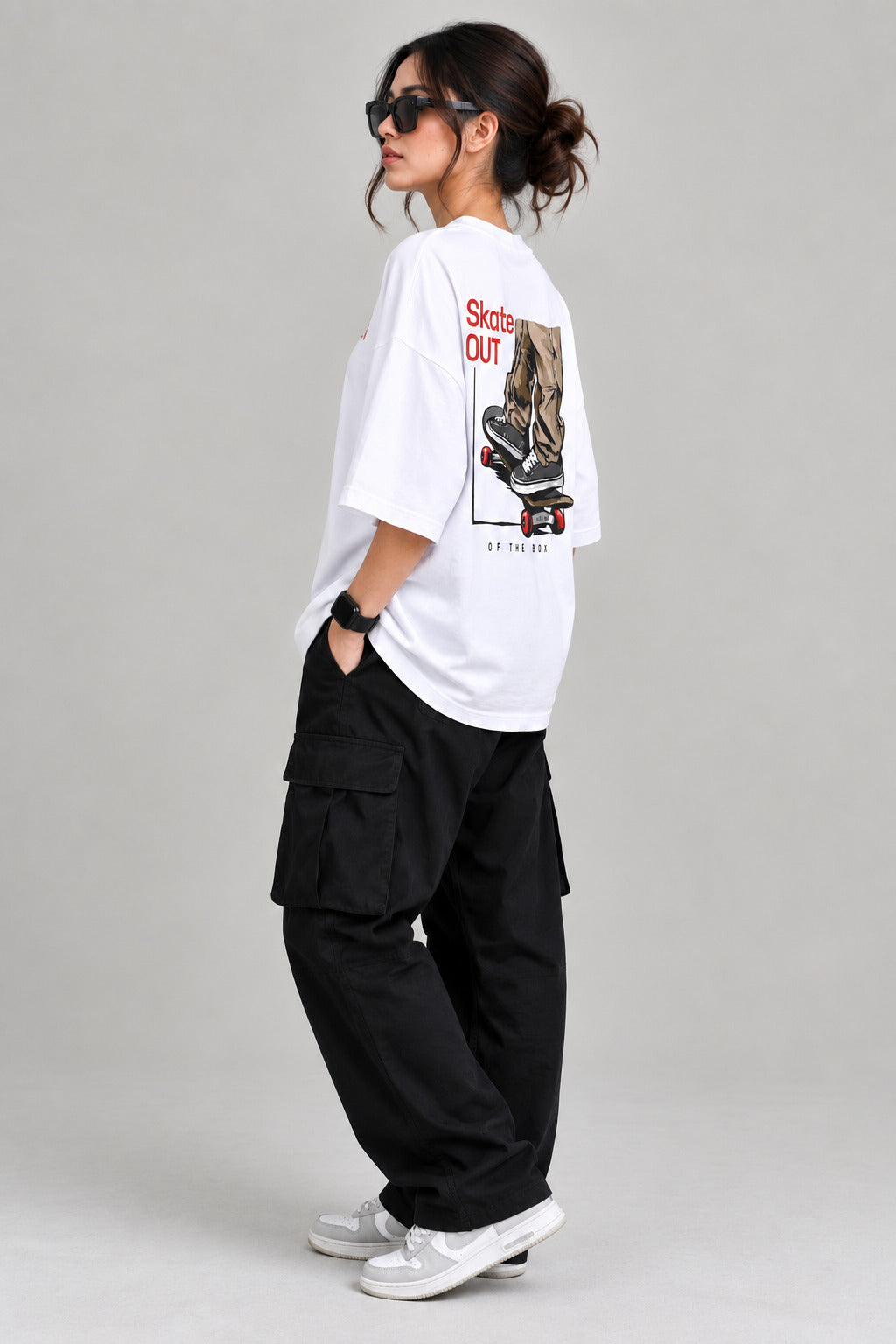 TeeVybe Women’s White Graphic Printed Oversized Round Neck T-Shirt | Skateboard Streetwear Back Print