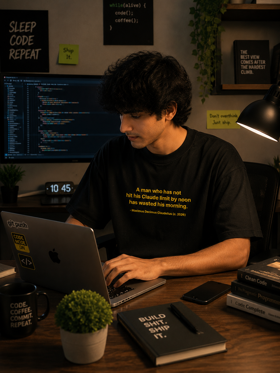 A man wearing a black graphic t-shirt with a yellow quote sits at a desk working on a laptop in a cozy coding room environment.