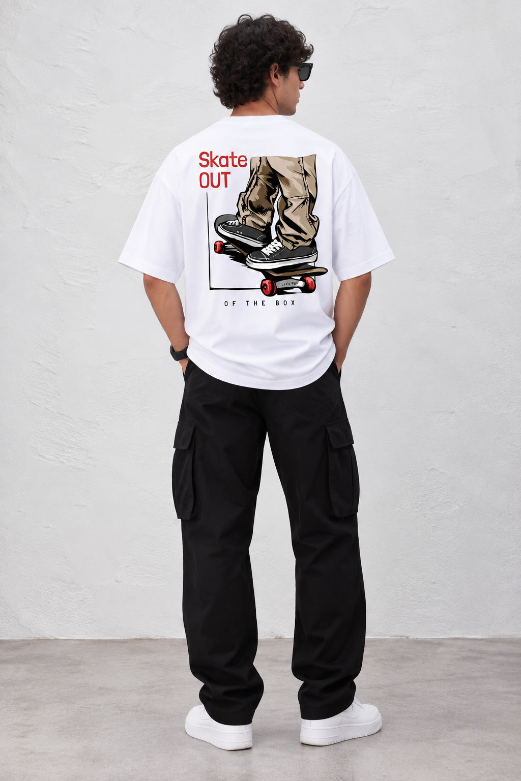 TeeVybe Men’s White Graphic Printed Oversized Round Neck T-Shirt | Skateboard Streetwear Back Print