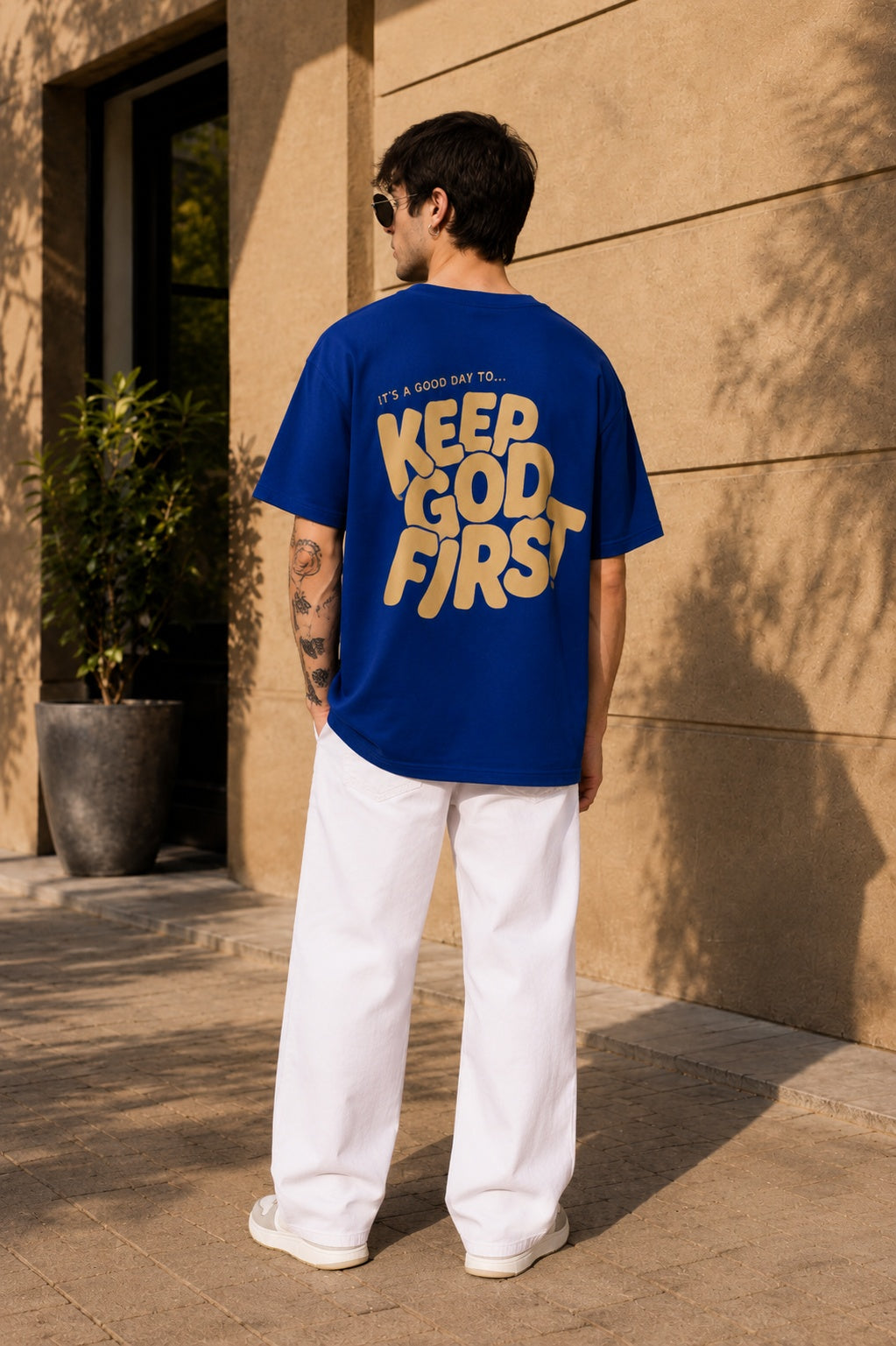 TeeVybe Men’s Royal Blue Graphic Printed Oversized T-Shirt | Keep Good First Motivational Print Casual Streetwear Tee