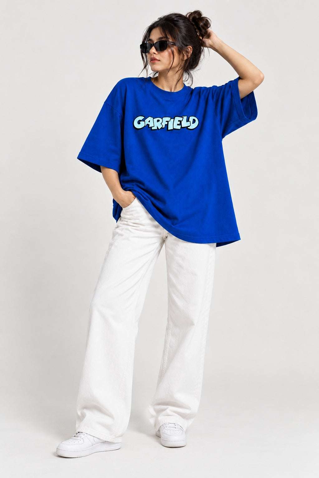 TeeVybe Women’s Royal Blue Garfield Graphic Printed Oversized T-Shirt | Cartoon Back Print Casual Streetwear Tee