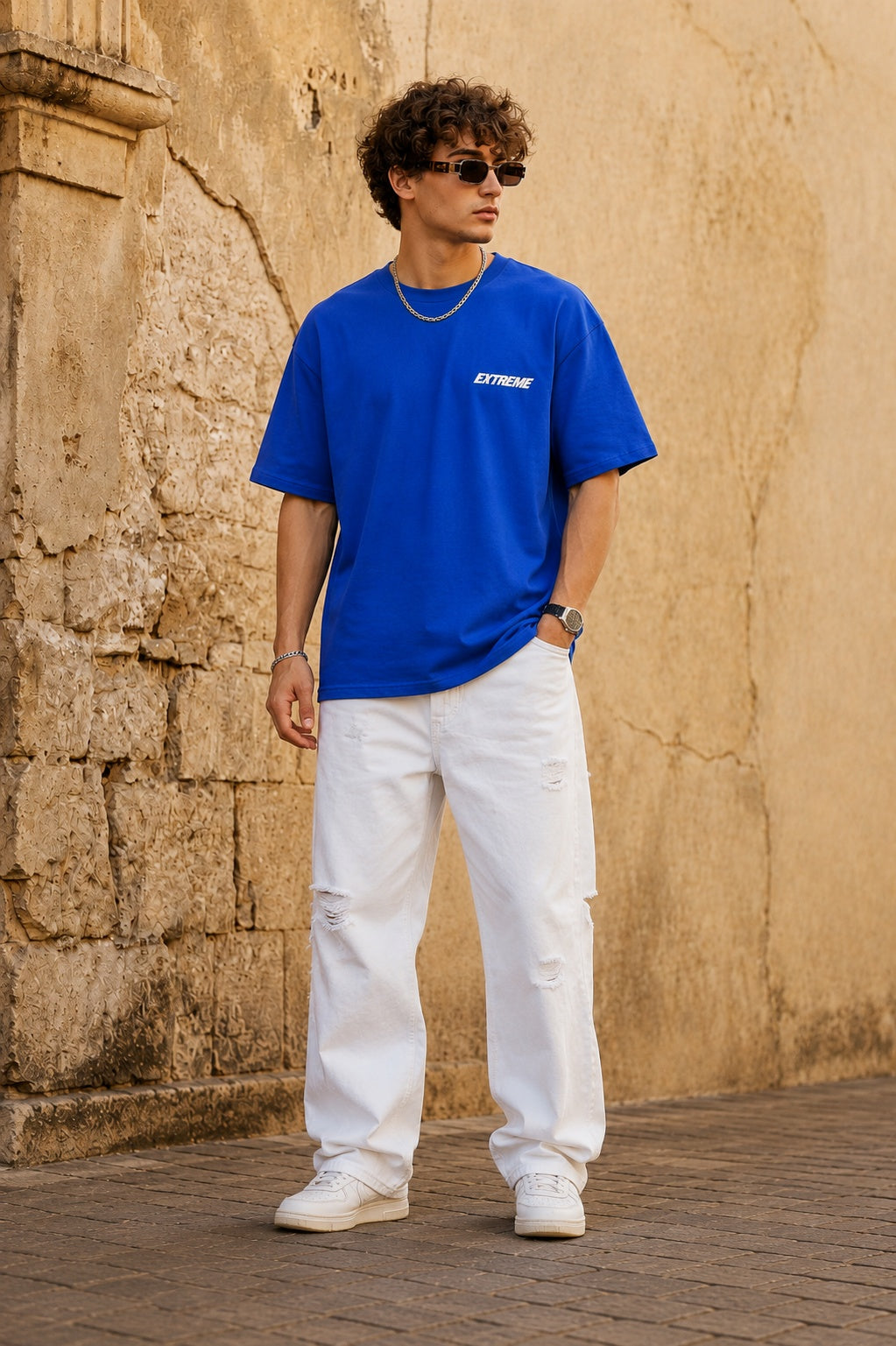 TeeVybe Men’s Royal Blue Graphic Printed Oversized T-Shirt | Extreme Balance Skateboard Print Casual Streetwear Tee