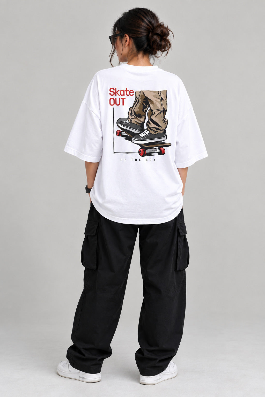 TeeVybe Women’s White Graphic Printed Oversized Round Neck T-Shirt | Skateboard Streetwear Back Print