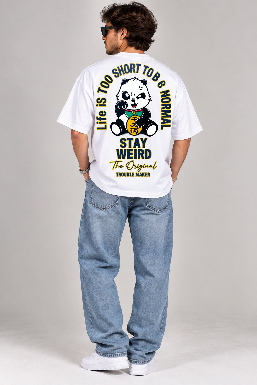 TeeVybe Men’s White Graphic Printed Oversized Round Neck T-Shirt | Stay Weird Panda Back Print