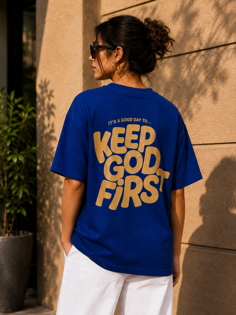 TeeVybe Women’s Royal Blue Graphic Printed Oversized T-Shirt | Keep Good Vibes Back Print Casual Tee