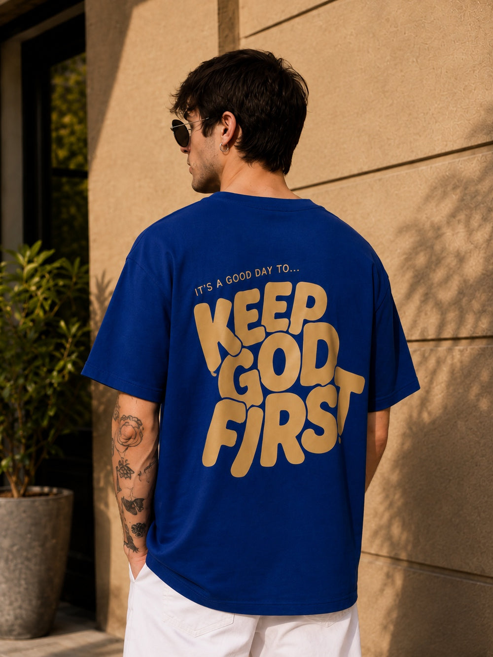 TeeVybe Men’s Royal Blue Graphic Printed Oversized T-Shirt | Keep Good First Motivational Print Casual Streetwear Tee