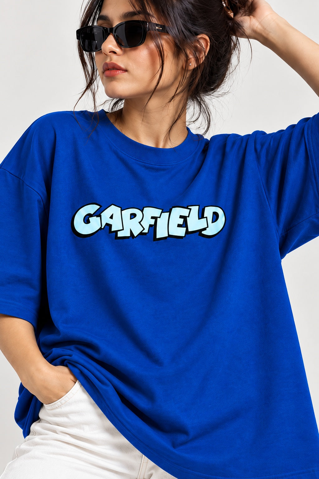 TeeVybe Women’s Royal Blue Garfield Graphic Printed Oversized T-Shirt | Cartoon Back Print Casual Streetwear Tee