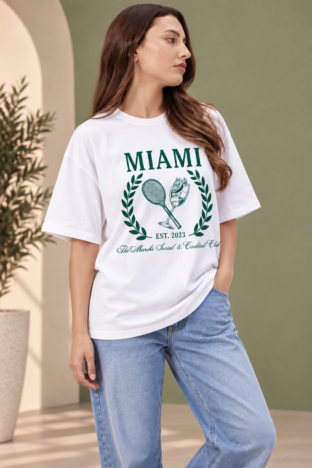 TeeVybe Women’s White Miami Graphic Printed Round Neck T-Shirt