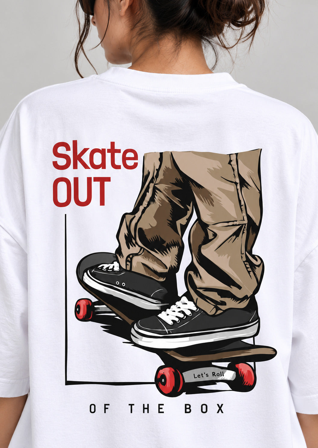 TeeVybe Women’s White Graphic Printed Oversized Round Neck T-Shirt | Skateboard Streetwear Back Print