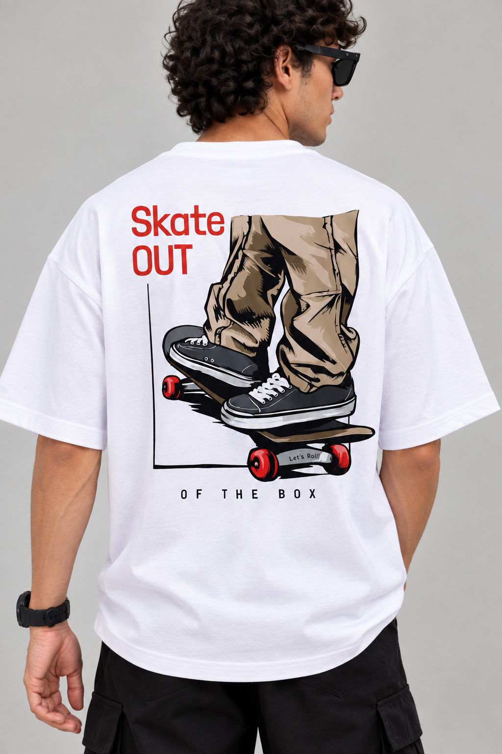 TeeVybe Men’s White Graphic Printed Oversized Round Neck T-Shirt | Skateboard Streetwear Back Print