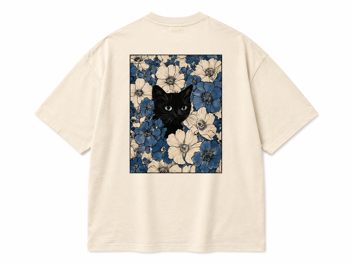 Midnight Cat Floral Oversized T-Shirt