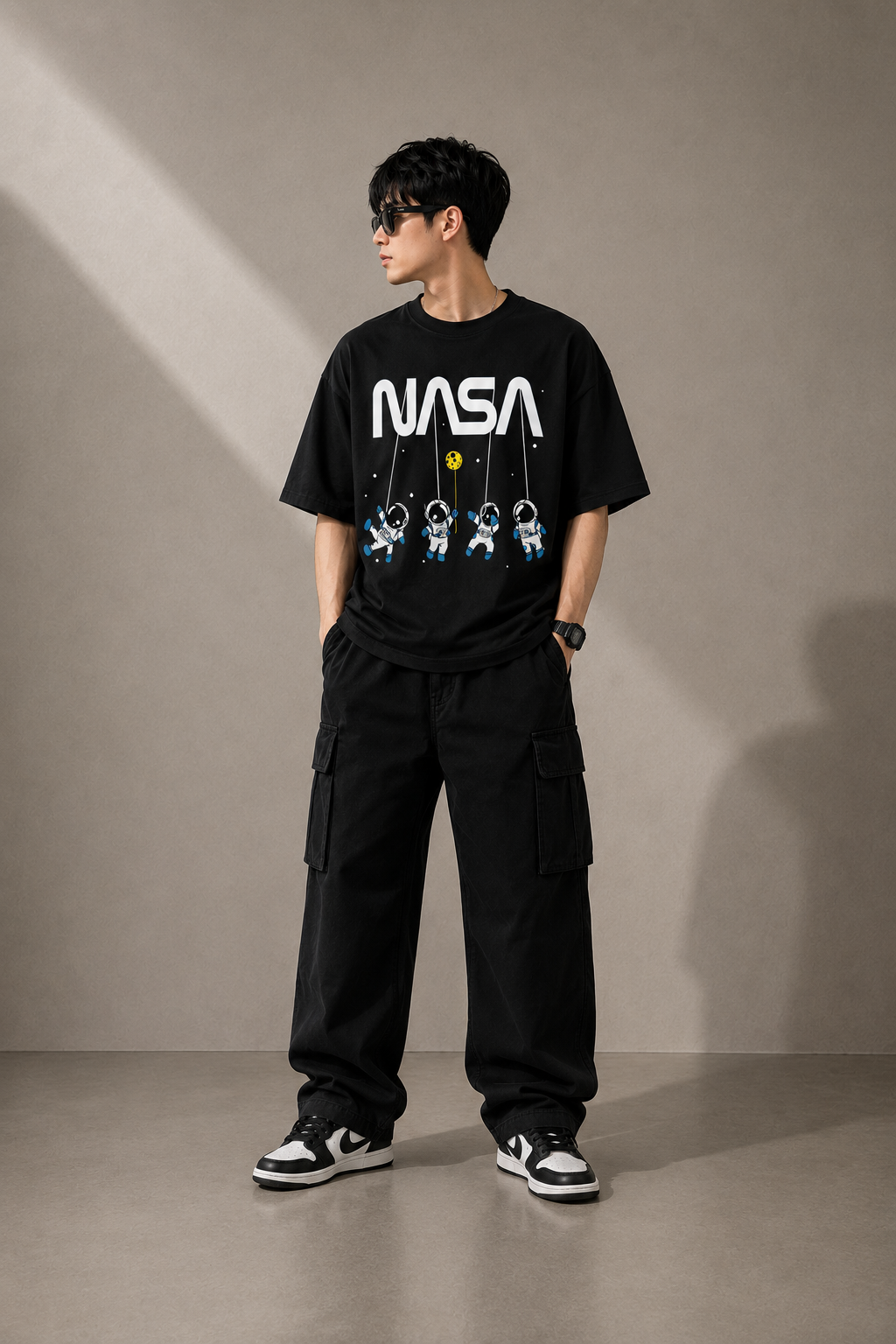 TEEVYBE Men’s Oversized Cotton T-Shirt | Space Astronaut Graphic Print | Relaxed Fit Casual Half Sleeve T-Shirt