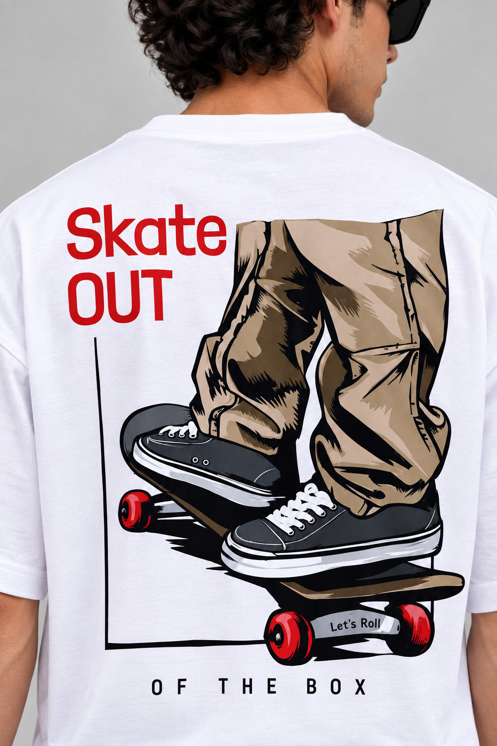 TeeVybe Men’s White Graphic Printed Oversized Round Neck T-Shirt | Skateboard Streetwear Back Print
