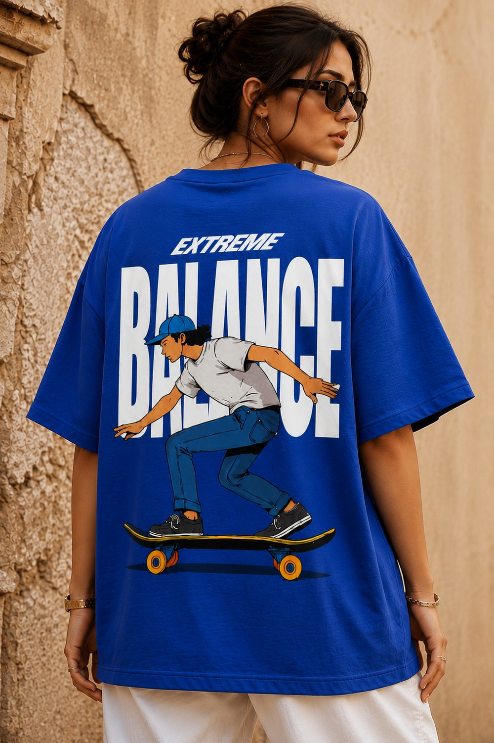 TeeVybe Women’s Royal Blue Graphic Printed Oversized T-Shirt | Extreme Balance Skateboard Streetwear Tee