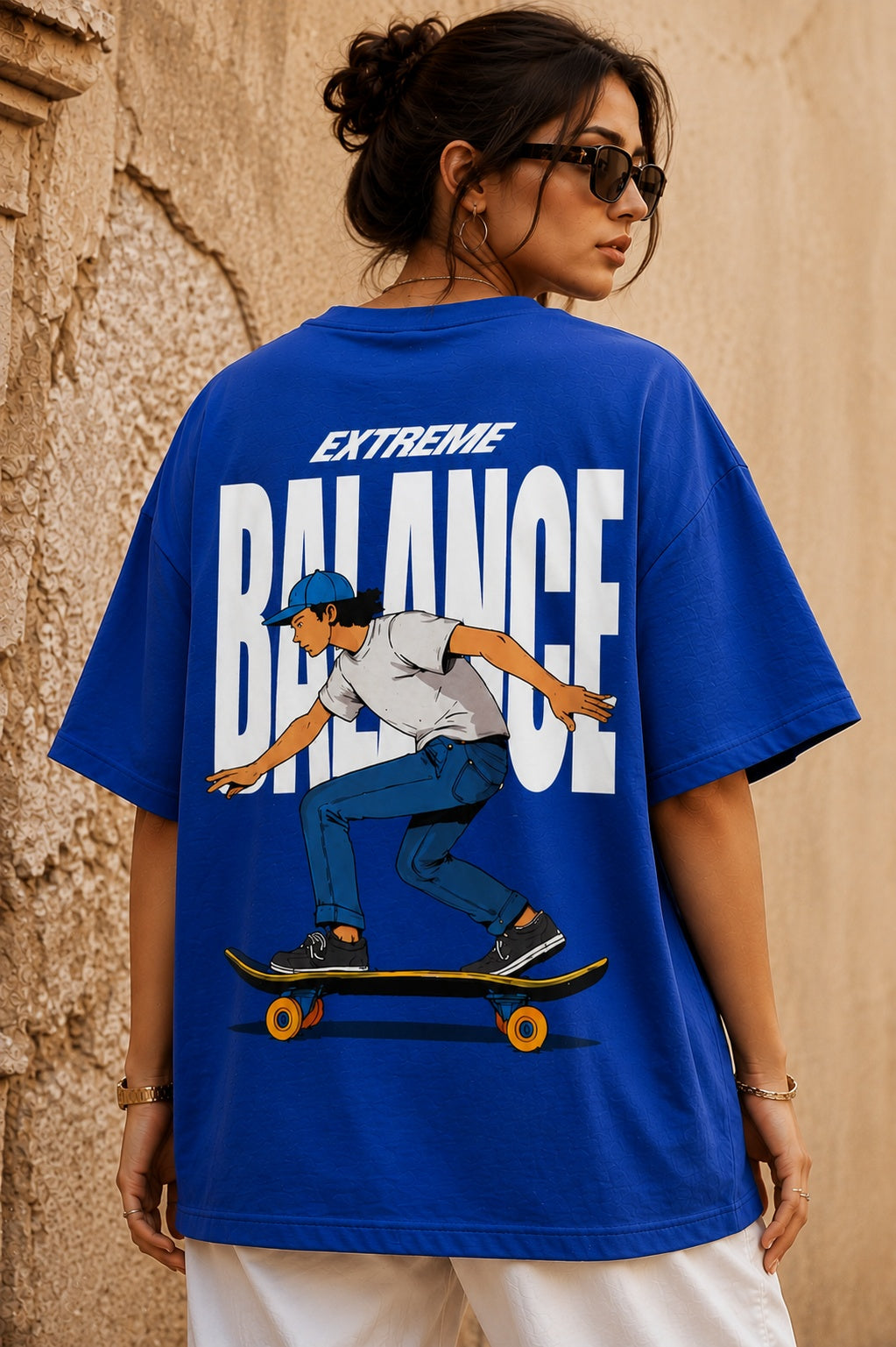 TeeVybe Women’s Royal Blue Graphic Printed Oversized T-Shirt | Extreme Balance Skateboard Streetwear Tee