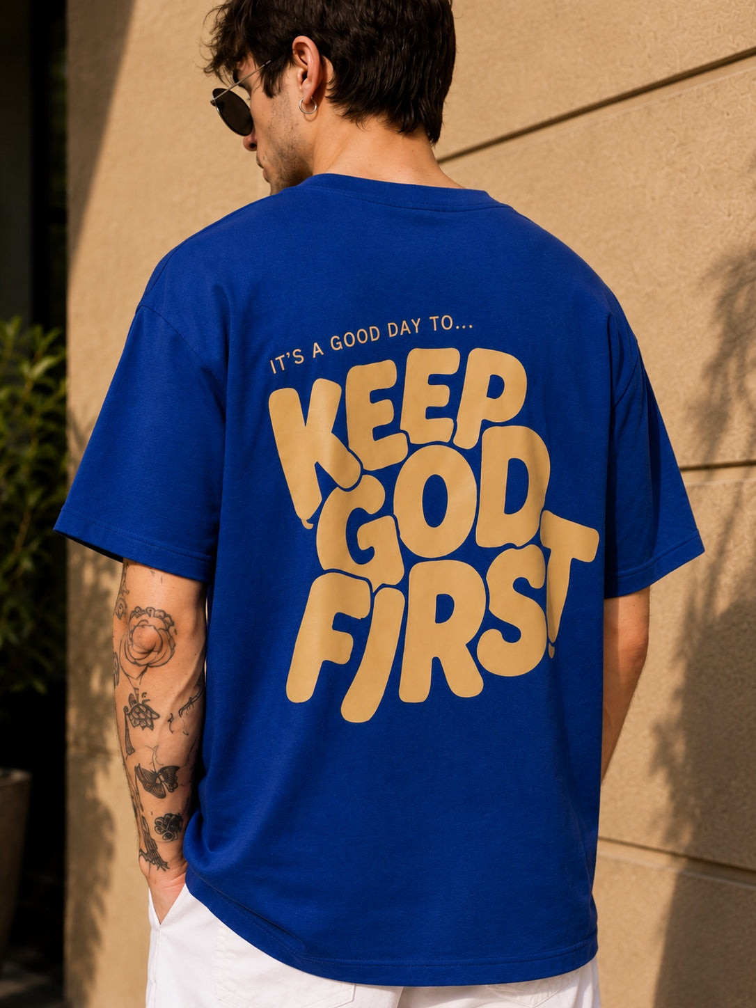 TeeVybe Men’s Royal Blue Graphic Printed Oversized T-Shirt | Keep Good First Motivational Print Casual Streetwear Tee