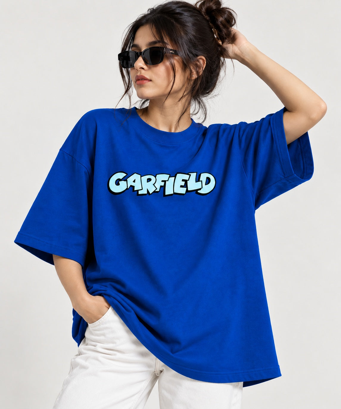 TeeVybe Women’s Royal Blue Garfield Graphic Printed Oversized T-Shirt | Cartoon Back Print Casual Streetwear Tee
