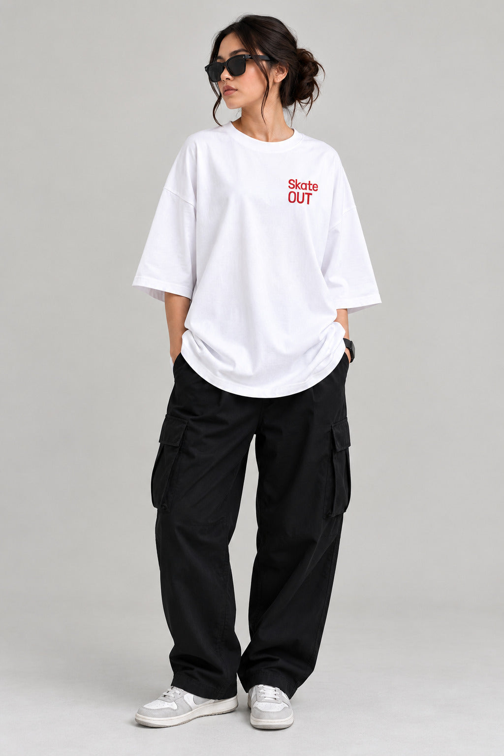 TeeVybe Women’s White Graphic Printed Oversized Round Neck T-Shirt | Skateboard Streetwear Back Print