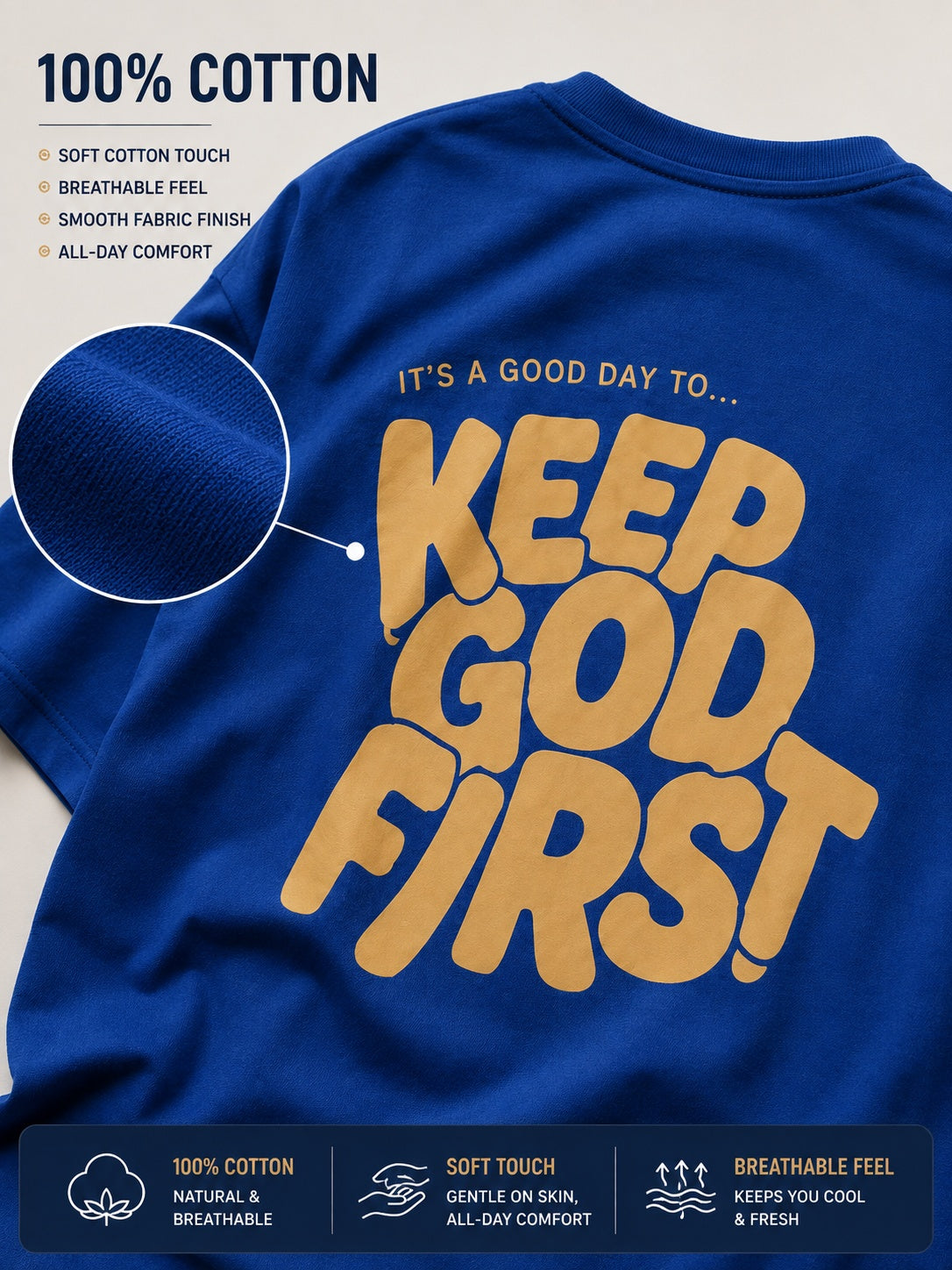 TeeVybe Men’s Royal Blue Graphic Printed Oversized T-Shirt | Keep Good First Motivational Print Casual Streetwear Tee