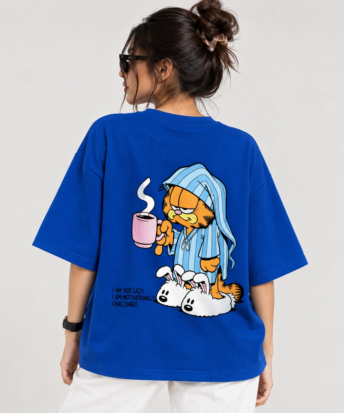 TeeVybe Women’s Royal Blue Garfield Graphic Printed Oversized T-Shirt | Cartoon Back Print Casual Streetwear Tee