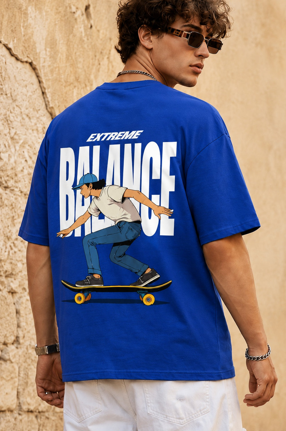TeeVybe Men’s Royal Blue Graphic Printed Oversized T-Shirt | Extreme Balance Skateboard Print Casual Streetwear Tee