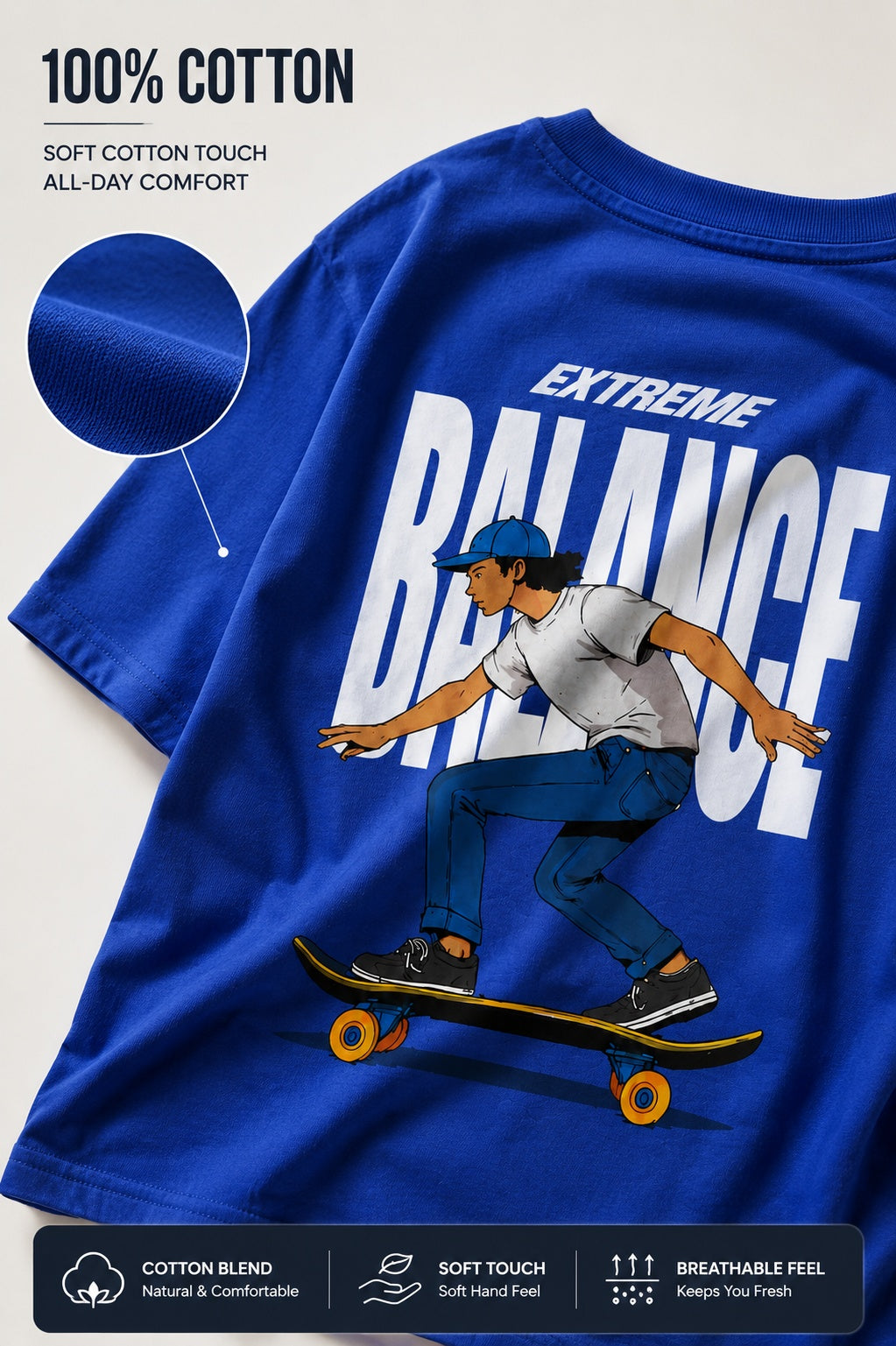TeeVybe Women’s Royal Blue Graphic Printed Oversized T-Shirt | Extreme Balance Skateboard Streetwear Tee