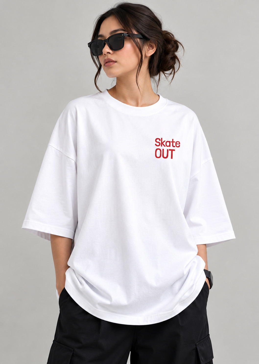 TeeVybe Women’s White Graphic Printed Oversized Round Neck T-Shirt | Skateboard Streetwear Back Print