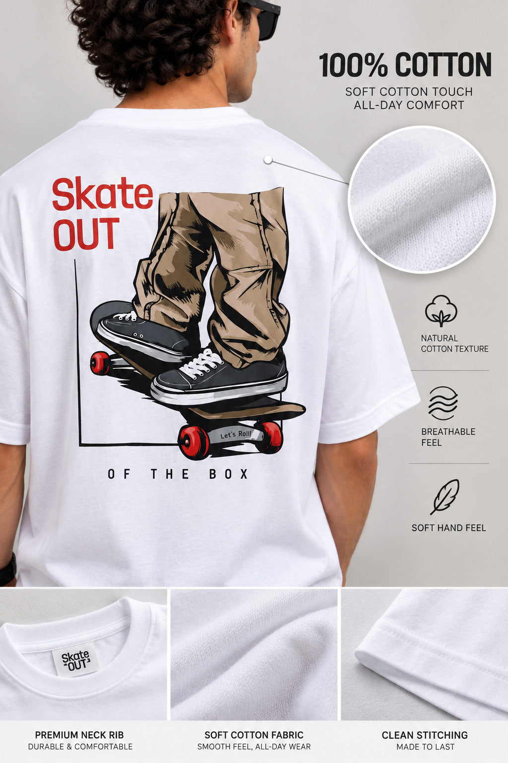 TeeVybe Men’s White Graphic Printed Oversized Round Neck T-Shirt | Skateboard Streetwear Back Print
