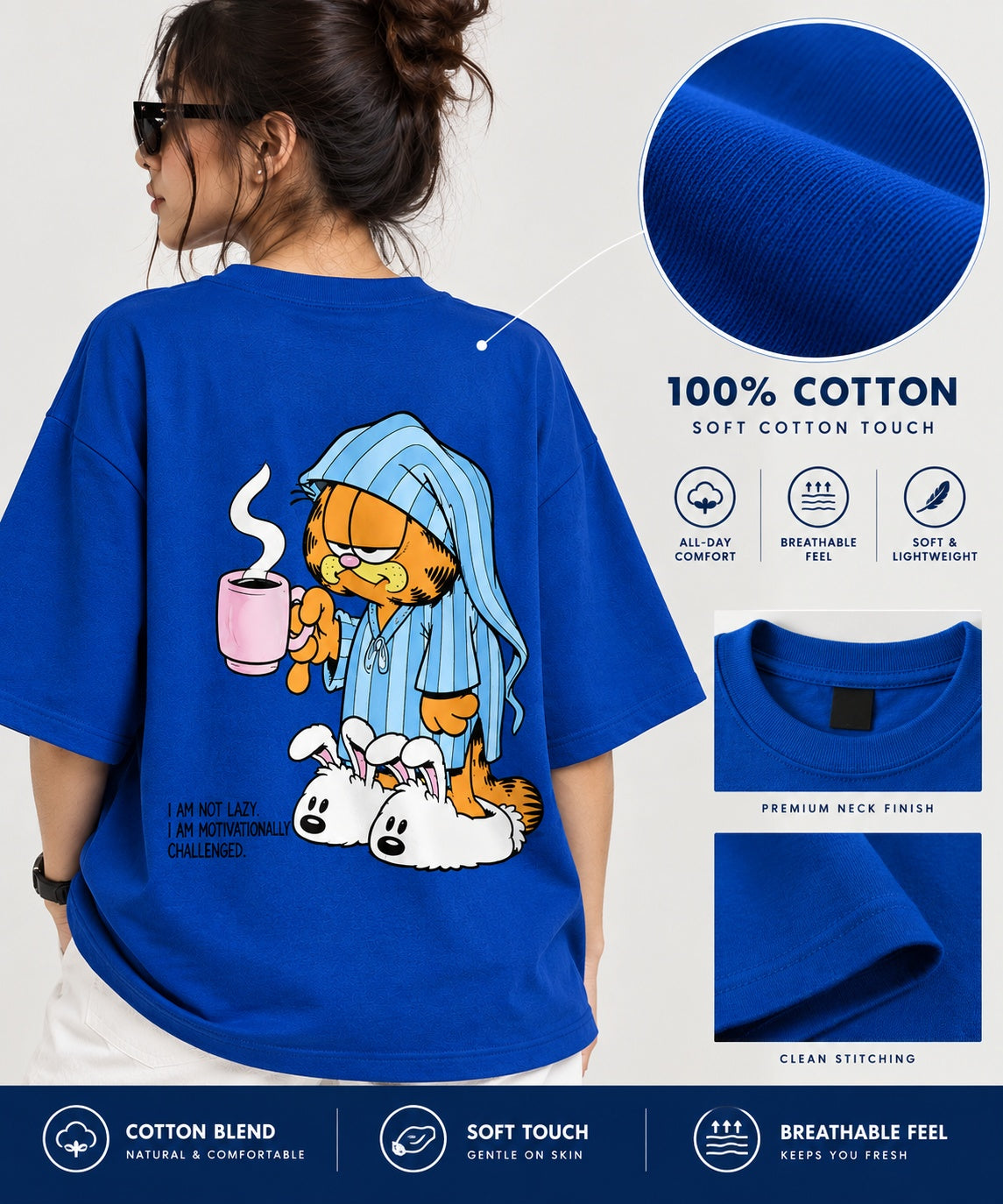 TeeVybe Women’s Royal Blue Garfield Graphic Printed Oversized T-Shirt | Cartoon Back Print Casual Streetwear Tee