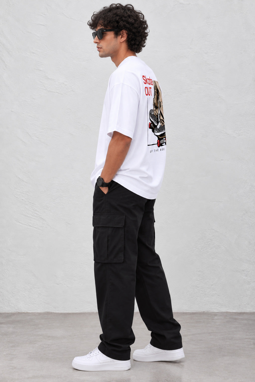TeeVybe Men’s White Graphic Printed Oversized Round Neck T-Shirt | Skateboard Streetwear Back Print