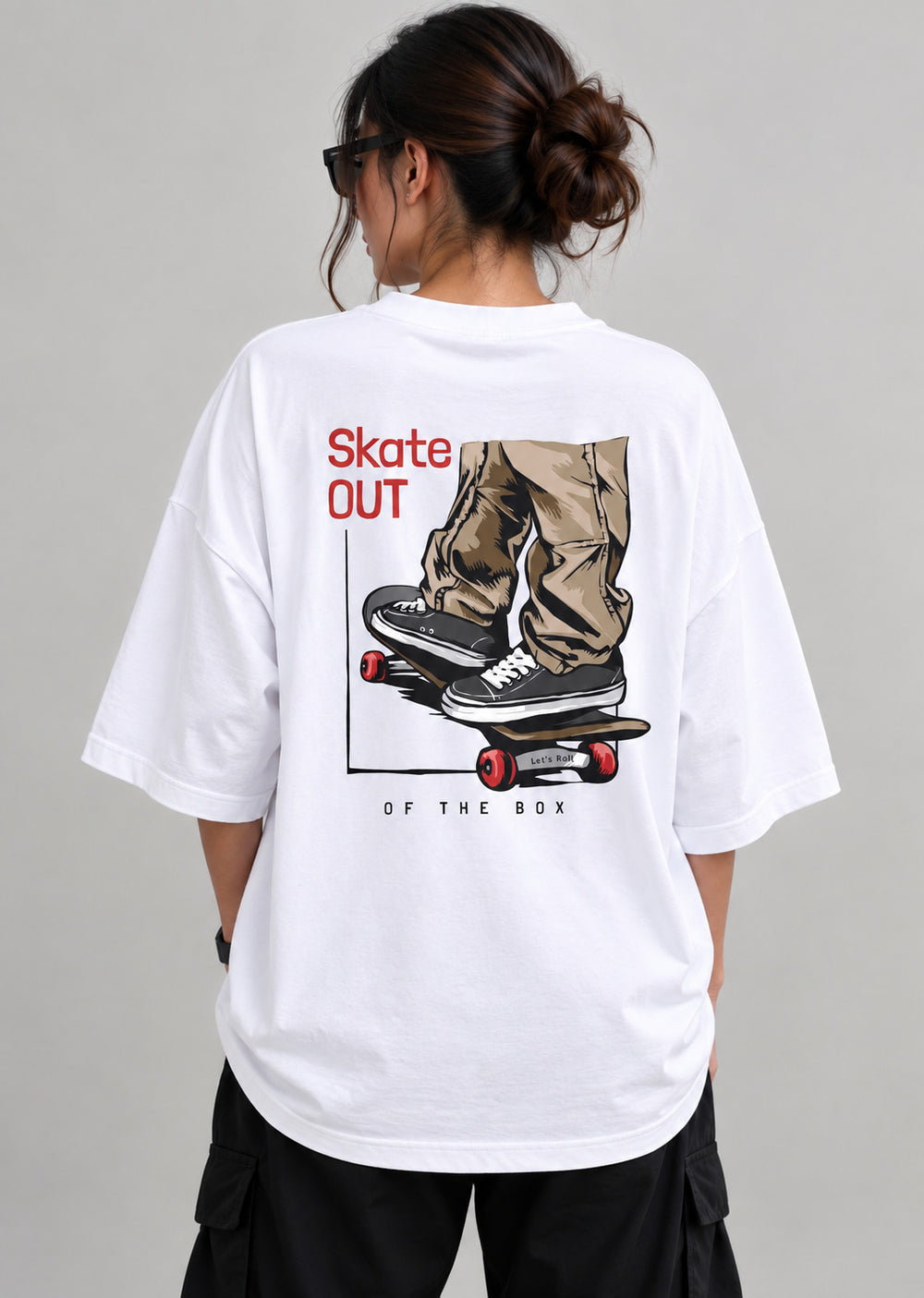 TeeVybe Women’s White Graphic Printed Oversized Round Neck T-Shirt | Skateboard Streetwear Back Print