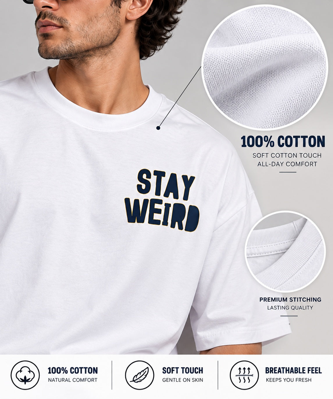 TeeVybe Men’s White Graphic Printed Oversized Round Neck T-Shirt | Stay Weird Panda Back Print