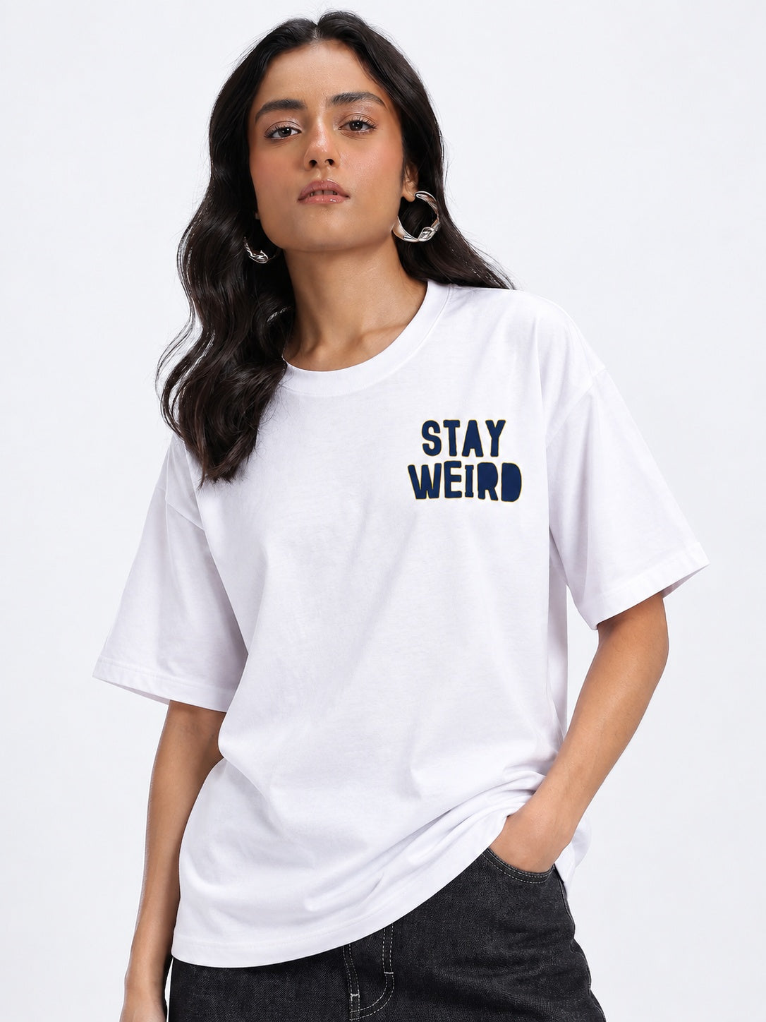 TeeVybe Women’s White Graphic Printed Oversized Round Neck T-Shirt | Stay Weird Panda Back Print