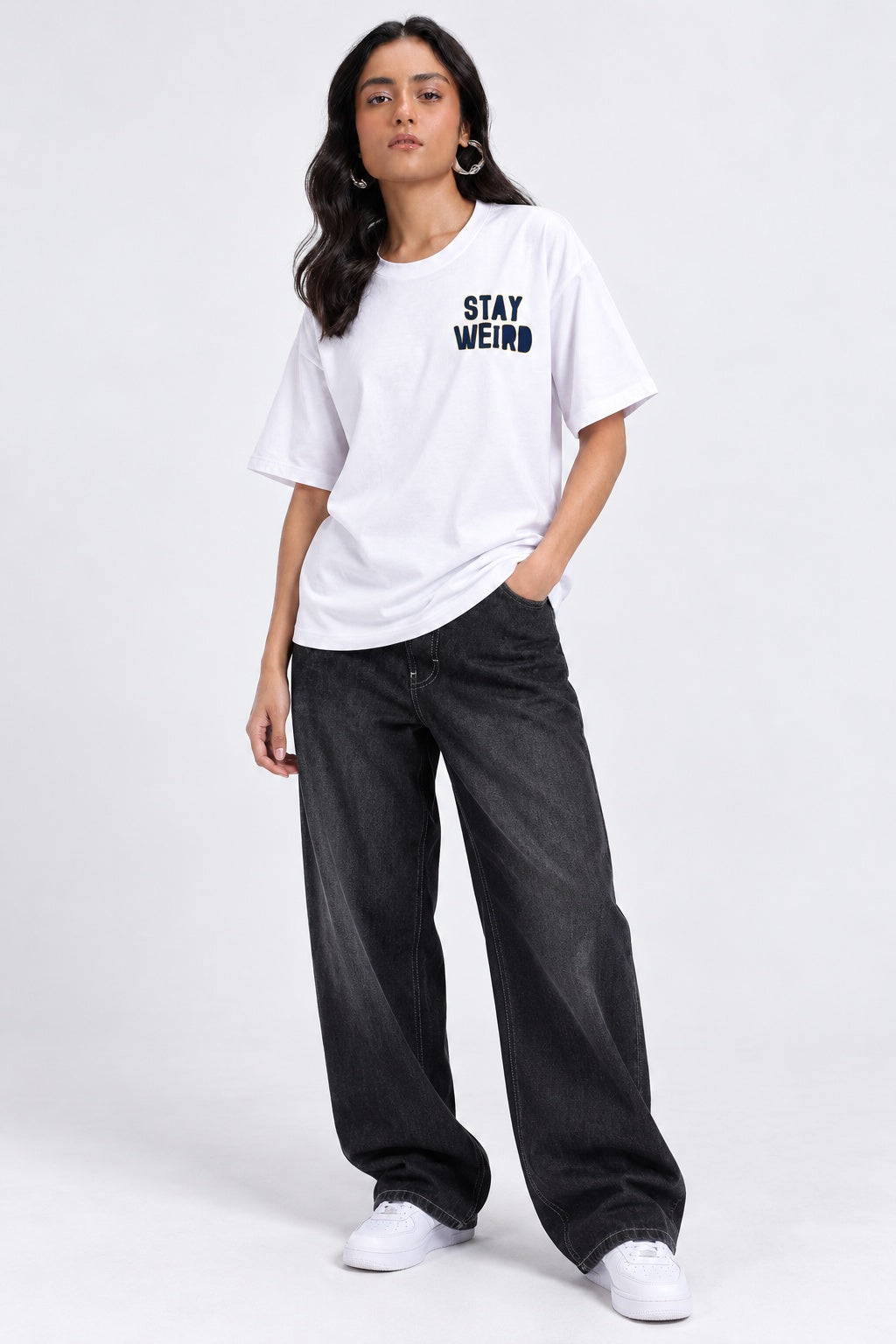 TeeVybe Women’s White Graphic Printed Oversized Round Neck T-Shirt | Stay Weird Panda Back Print