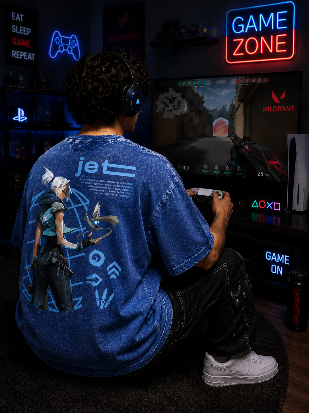Valorant Jett Blue Acid Wash Oversized T-Shirt