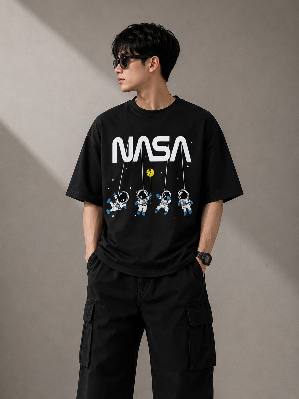 TEEVYBE Men’s Oversized Cotton T-Shirt | Space Astronaut Graphic Print | Relaxed Fit Casual Half Sleeve T-Shirt