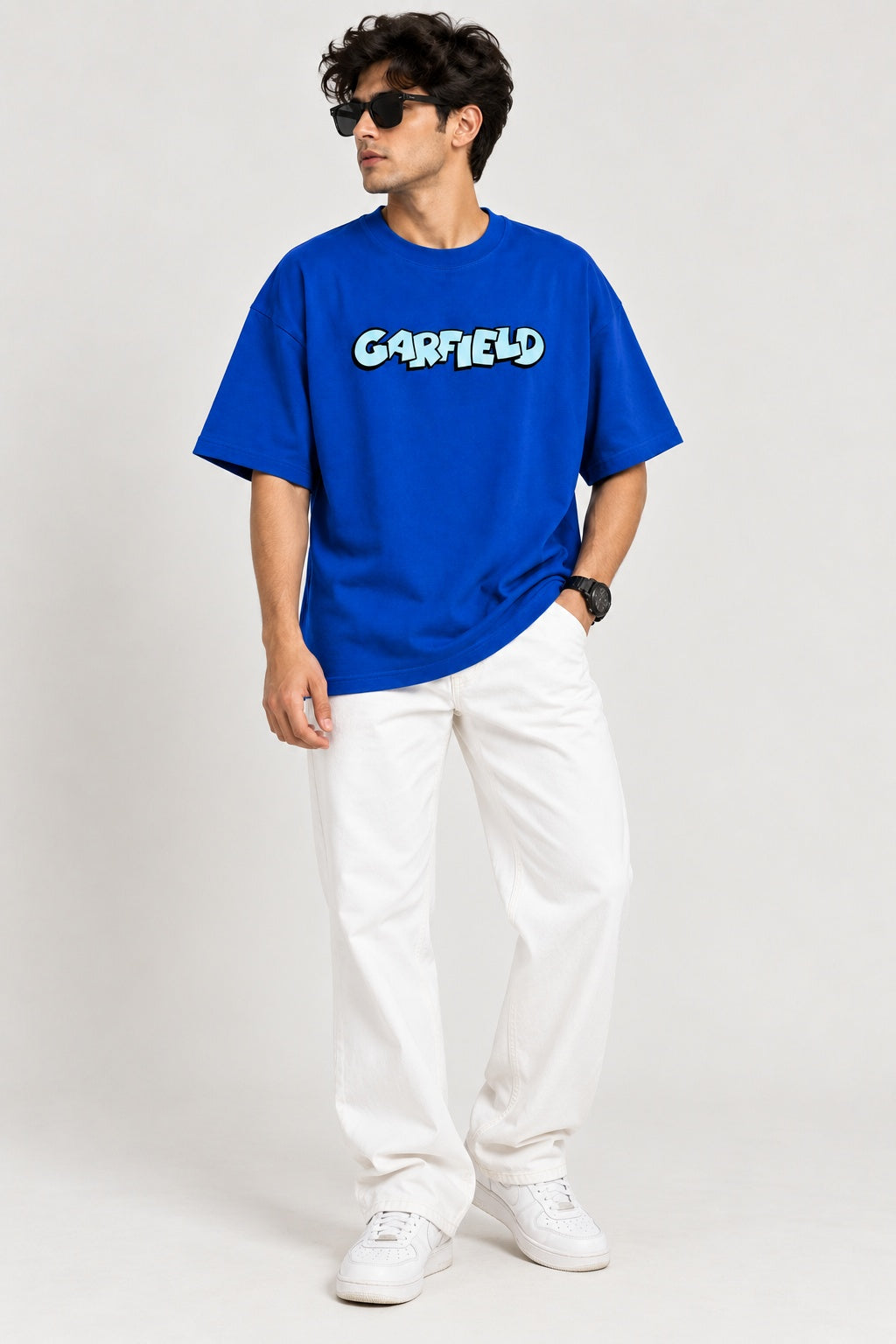 TeeVybe Men’s Royal Blue Garfield Graphic Printed Oversized T-Shirt | Cartoon Back Print Casual Streetwear Tee
