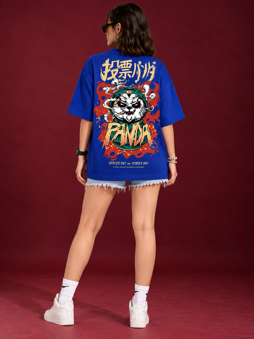 TeeVybe Women’s Royal Blue Oversized Round Neck T-Shirt with Printed Panda Chest Graphic
