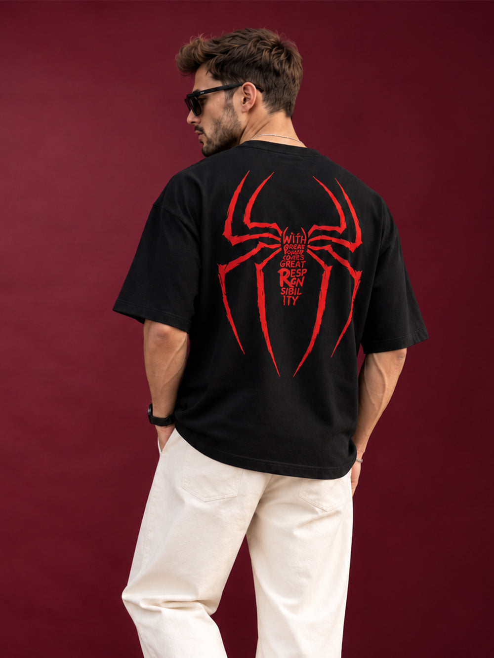 TeeVybe Men’s Black Graphic Printed Oversized T-Shirt | Spiderman Front & Back Print Streetwear Tee