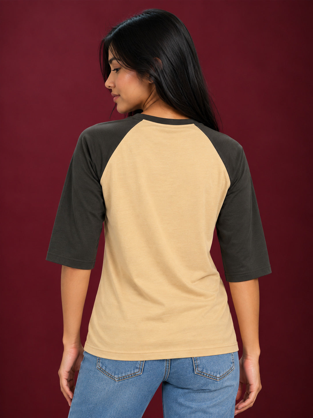 TeeVybe Women’s Beige & Olive Green 3/4 Sleeve Raglan T-Shirt | Round Neck Casual T-Shirt
