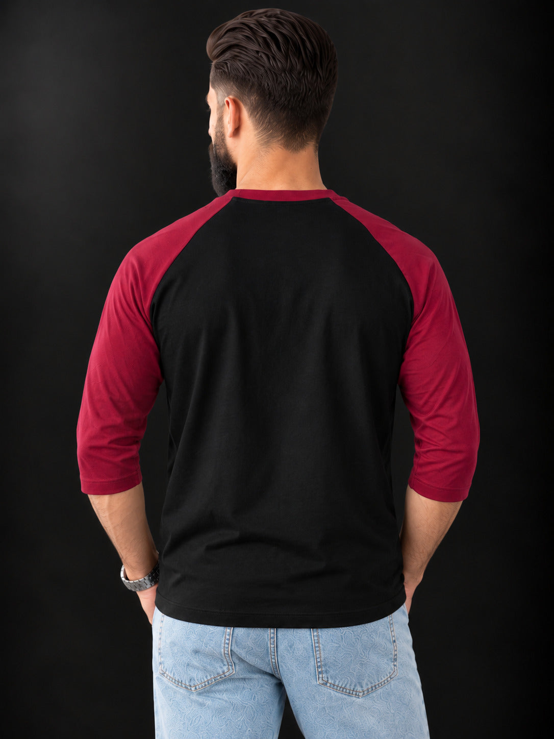 TeeVybe Men’s Black & Maroon 3/4 Sleeve Raglan T-Shirt | Regular Fit Round Neck Casual Tee