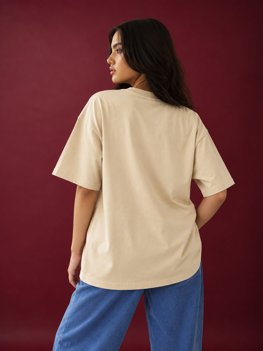 TeeVybe Women’s Beige Printed Oversized T-Shirt | Just Chill Cartoon Graphic Casual Tee