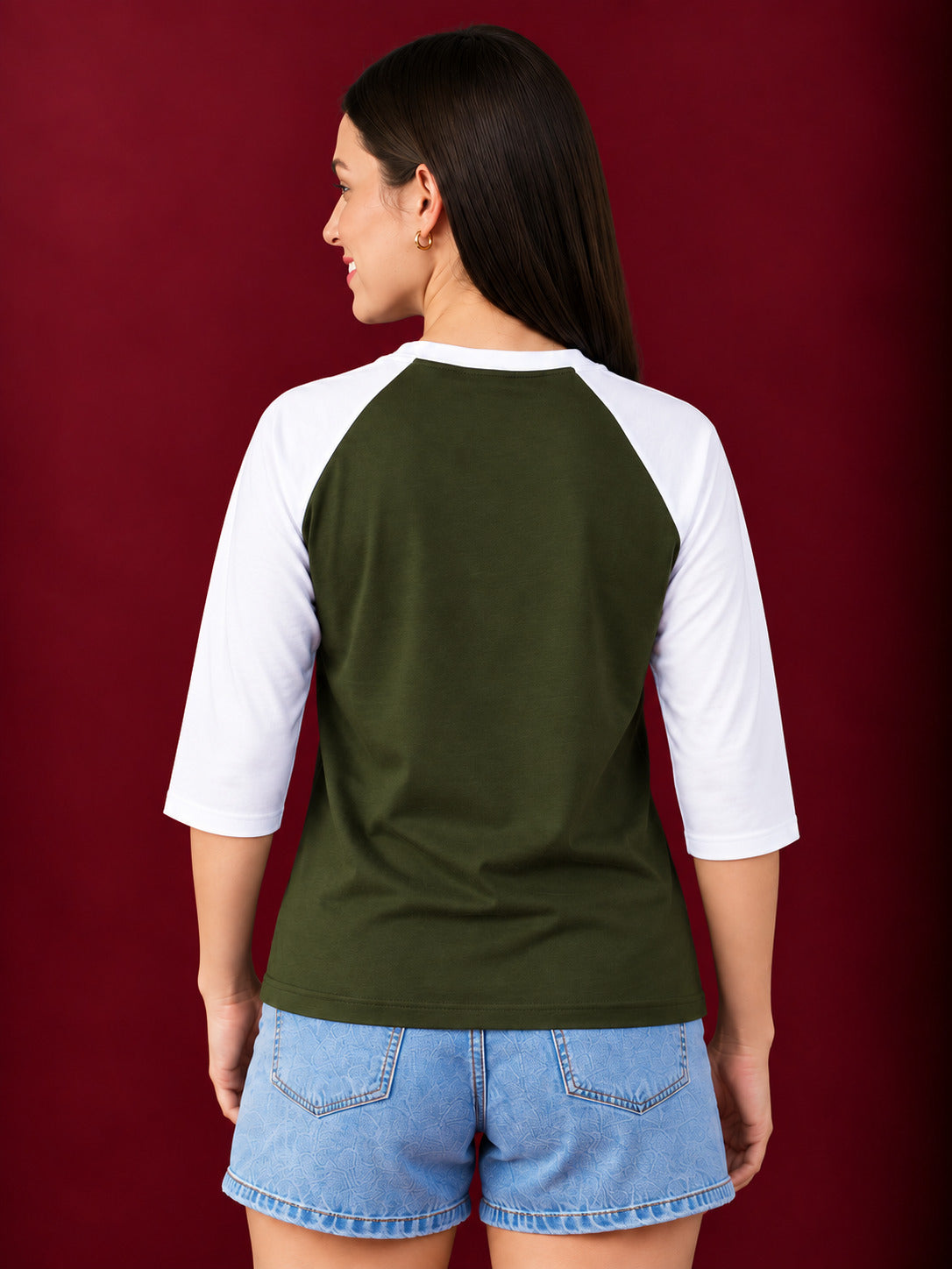 TeeVybe Women’s Olive Green & White 3/4 Sleeve Raglan T-Shirt | Regular Fit Round Neck Casual Tee