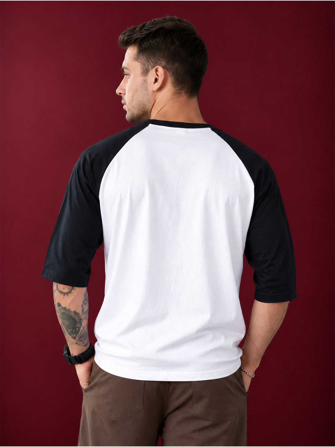 TeeVybe Men’s Vintage Car Graphic Printed Raglan 3/4 Sleeve T-Shirt | White & Black