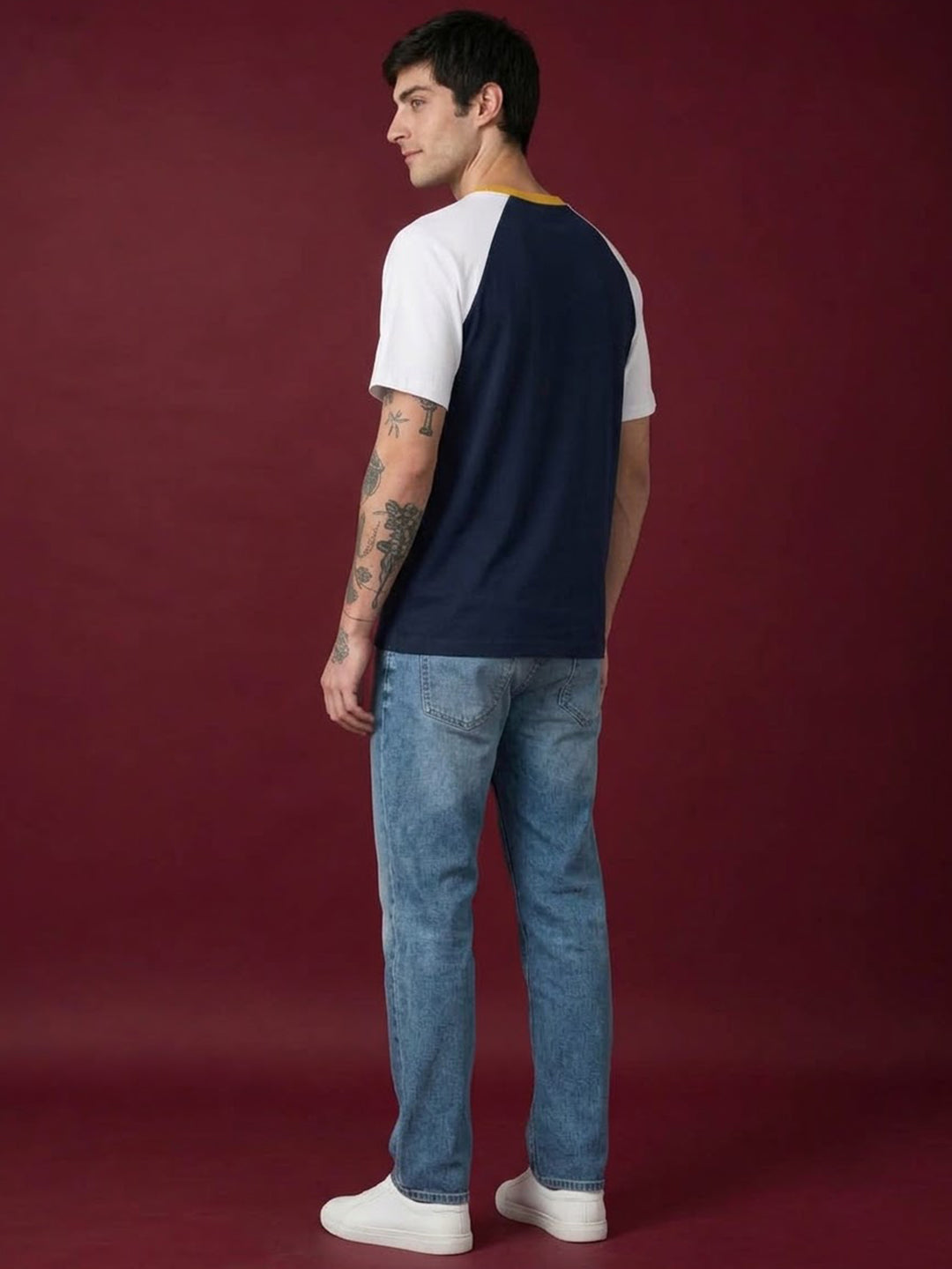 TeeVybe Men’s Navy Blue & White Raglan Sleeve Graphic Printed Round Neck T-Shirt