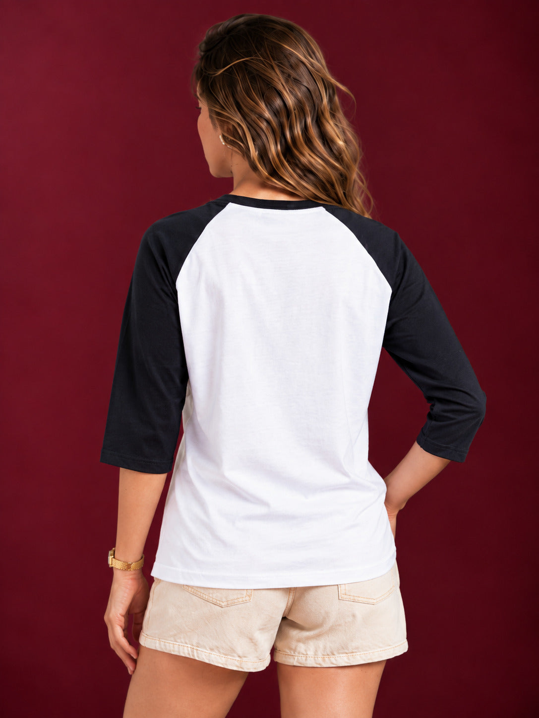 TeeVybe Women's 3/4 Sleeve Raglan T-Shirt | White & Black Contrast Round Neck Casual Top
