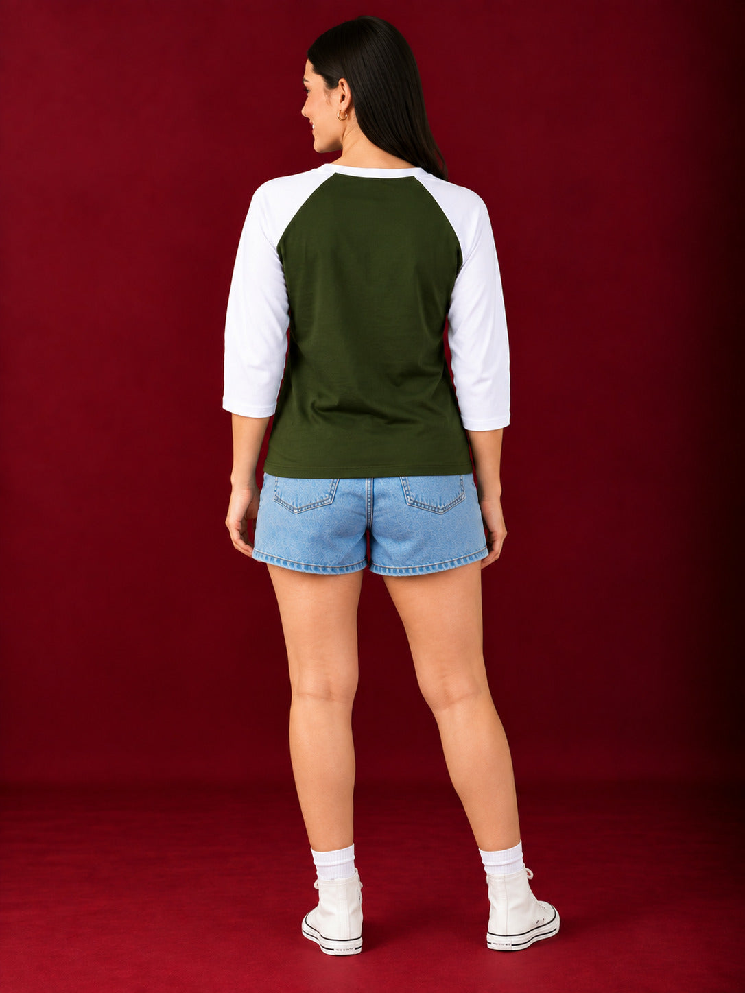 TeeVybe Women’s Feel The Vibe Graphic Printed Olive Green & White Raglan Full Sleeve T-Shirt