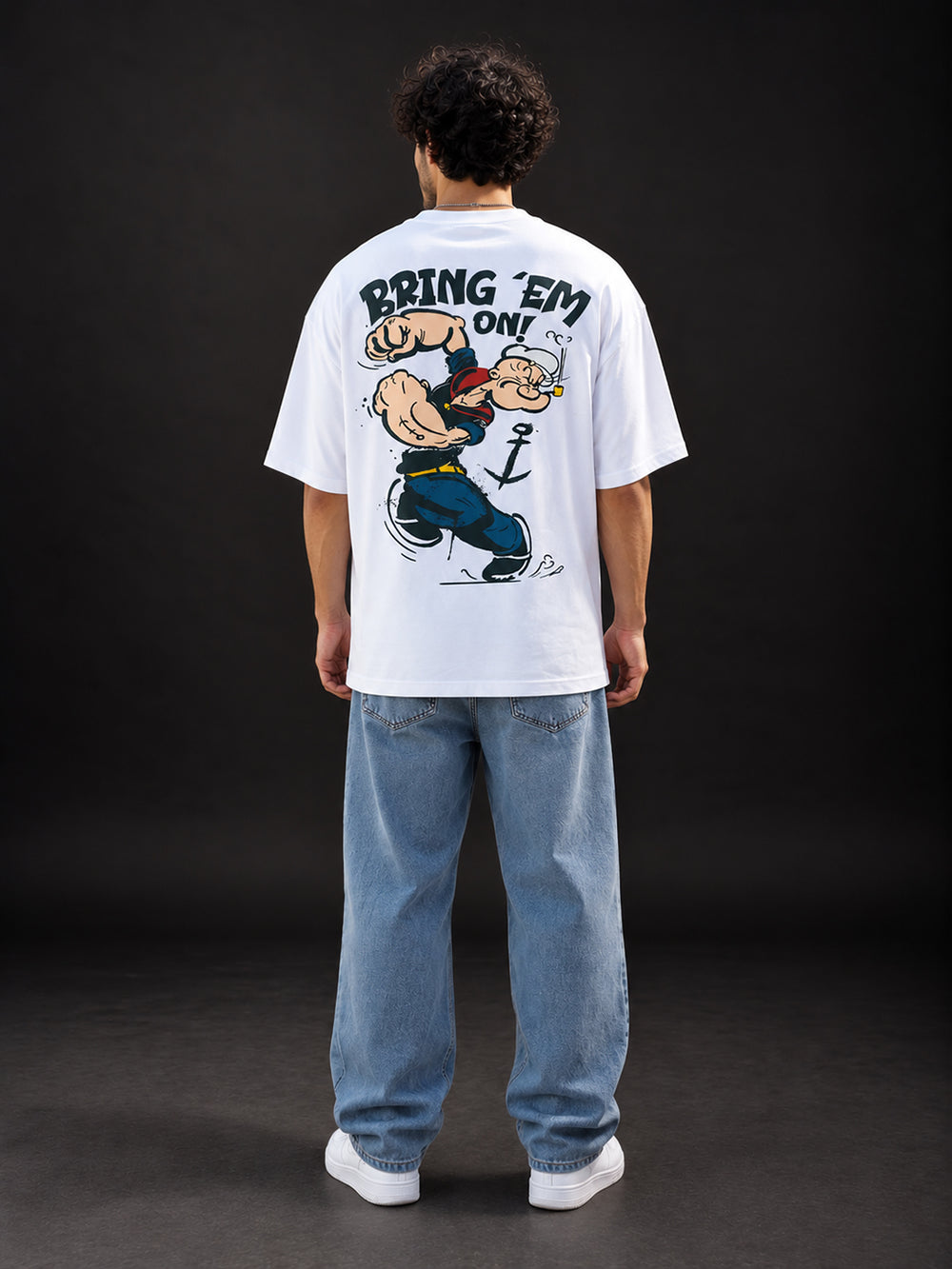 TeeVybe Men’s White Graphic Printed Oversized T-Shirt | Bring ’Em On Cartoon Back Print Streetwear Tee